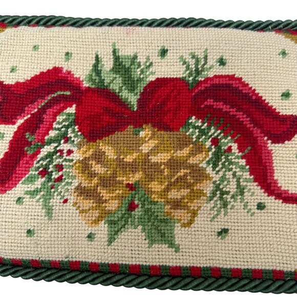 Christmas Needlepoint Pillow Cover Holly and Pine Cones Vintage Holiday Decor - Picture 3 of 10